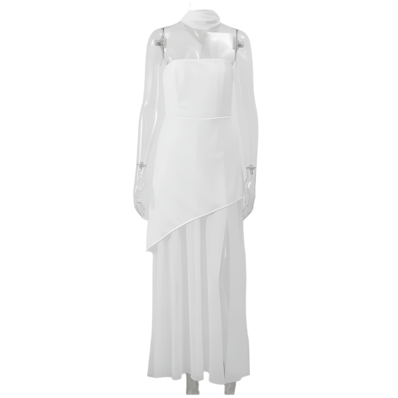 Vestido Largo Elegante para Mujer sin Tirantes de Malla con Lazo y Diseño Patchwork