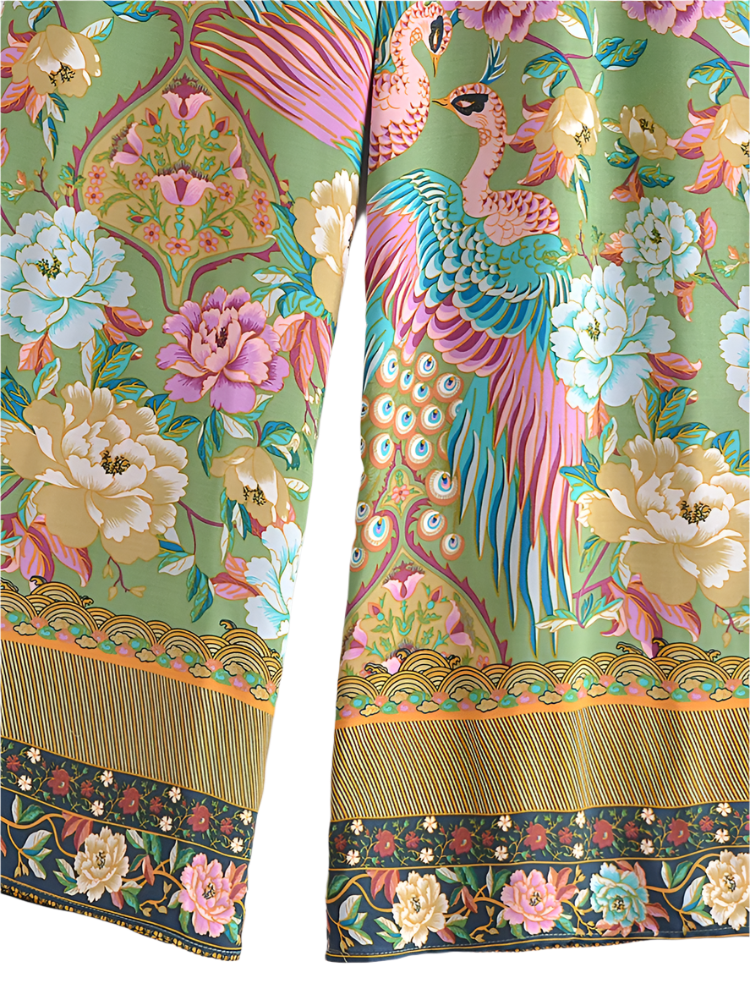 Outfit Conjunto boho chic de 2 piezas con kimono corto estampado floral y pantalón de pierna ancha
