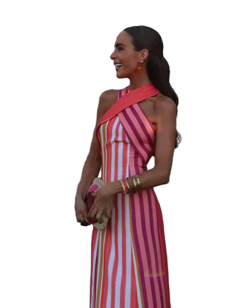 Vestido largo con estampado a rayas de escote halter sin hombros cruzado y ajustado de espalda descubierta