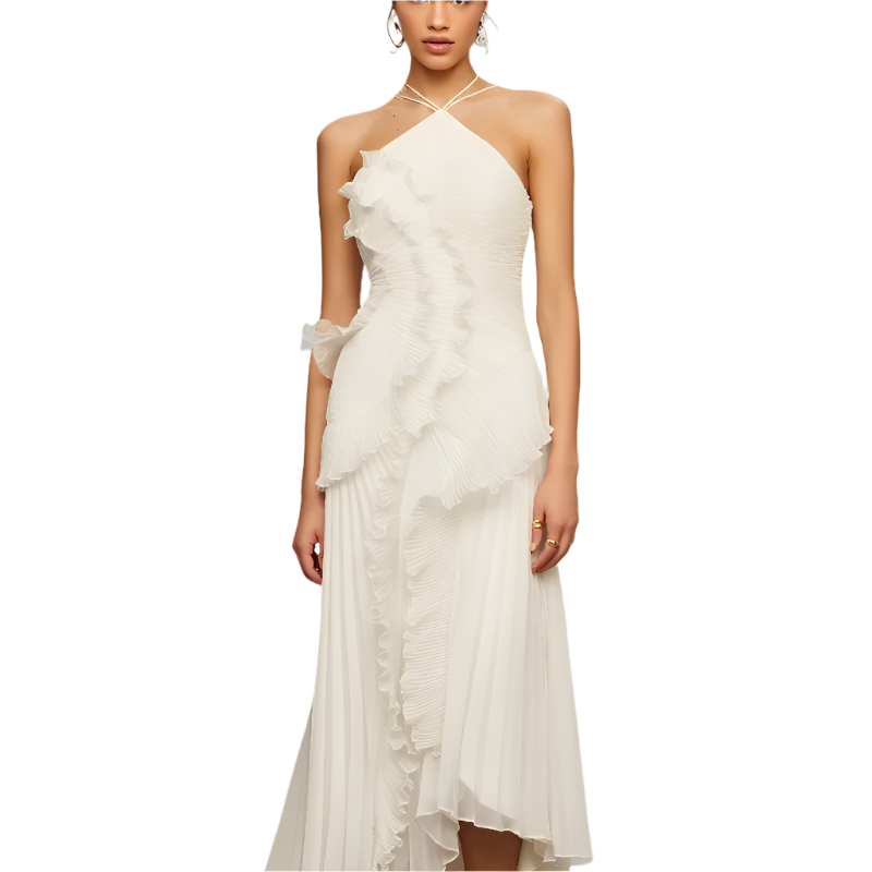 Vestido Largo Plisado para Mujer con Escote Halter Color Púrpura Tipo Maxi