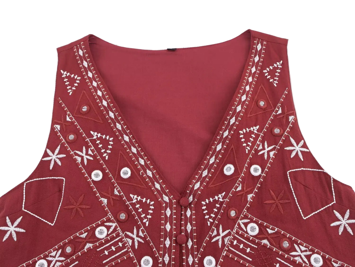 Outfit Conjunto Boho Chic de Chaleco Sin Mangas Rojo Bordado y Shorts Pierna Ancha