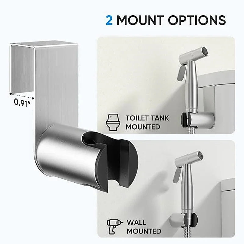 Handheld bidet sprayer made of stainless steel with a 3-way valve (G1/2" – 3/8") for toilet cleaning and personal hygiene.
