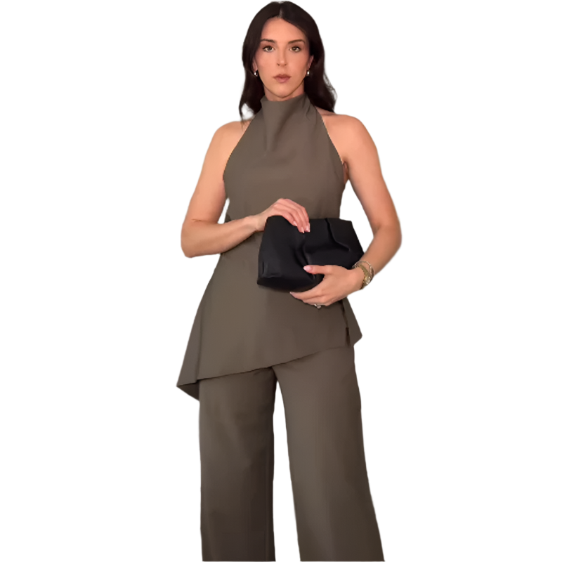 Outfit Set Satinado de Top halter asimétrico y pantalón con cordones de cintura alta