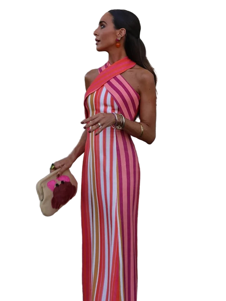 Vestido largo con estampado a rayas de escote halter sin hombros cruzado y ajustado de espalda descubierta