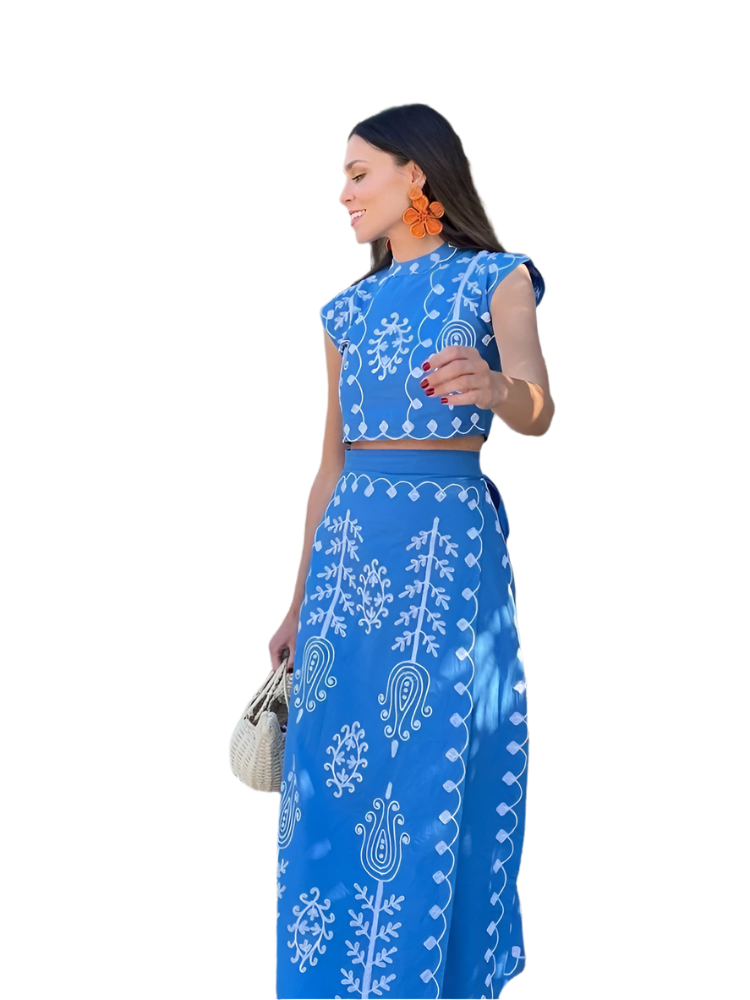 Outfit Conjunto bohemio vintage de 2 piezas con top corto bordado con hombreras y falda con cordones y estampado floral