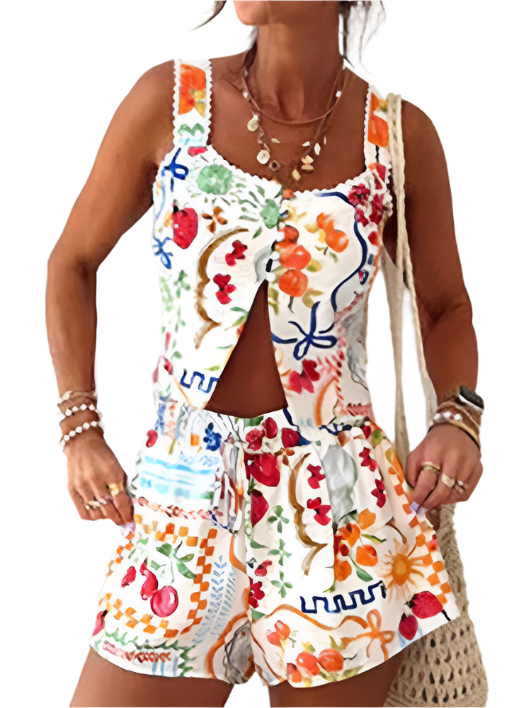 Conjunto Bohemio Boho Chic de Top con Tirantes Estampado y Espalda Descubierta con Short con Cordones