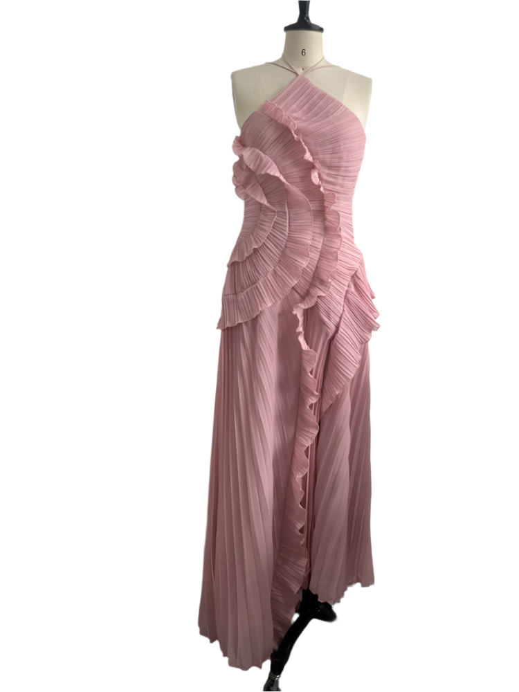 Vestido Largo Plisado para Mujer con Escote Halter Color Púrpura Tipo Maxi