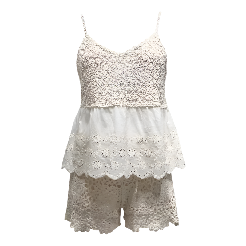 Conjunto de 2 piezas para mujer, top tejido tipo sujetador con tirantes y short de pierna ancha de estilo boho chic calado