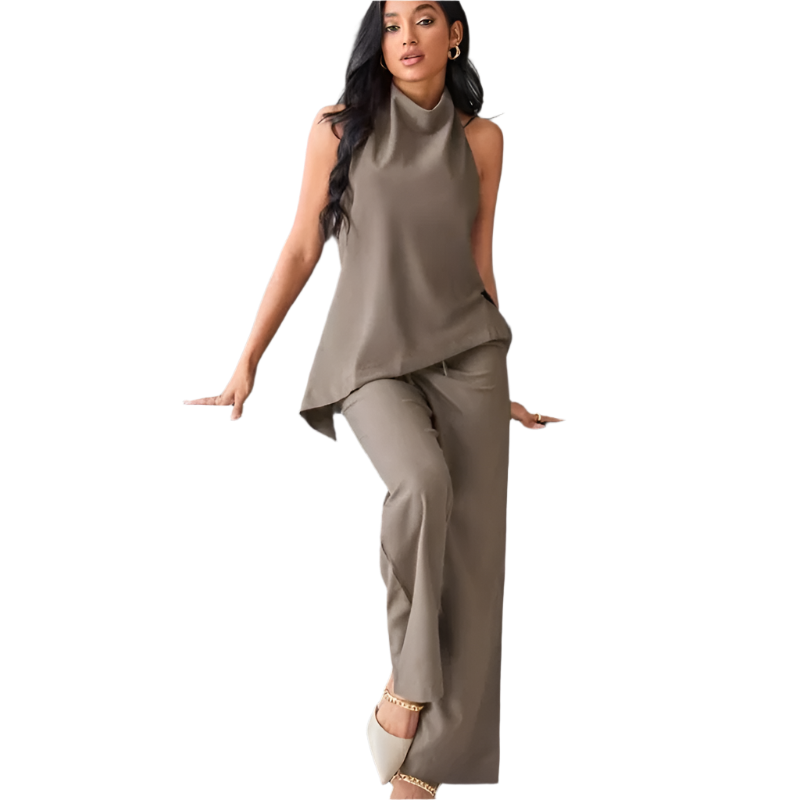 Outfit Set Satinado de Top halter asimétrico y pantalón con cordones de cintura alta