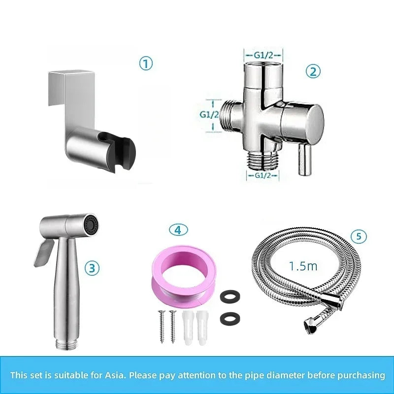 Handheld bidet sprayer made of stainless steel with a 3-way valve (G1/2" – 3/8") for toilet cleaning and personal hygiene.