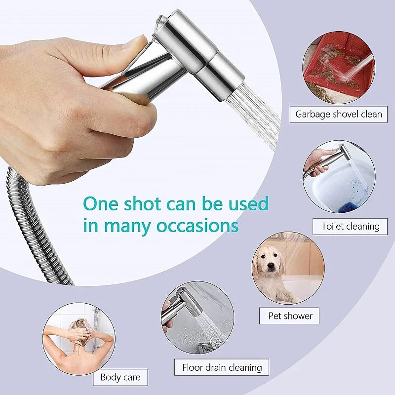 Handheld bidet sprayer made of stainless steel with a 3-way valve (G1/2" – 3/8") for toilet cleaning and personal hygiene.