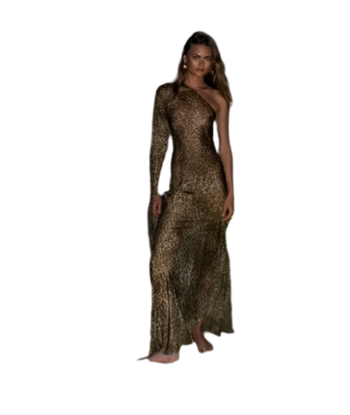 Vestido Largo de Un Solo Hombro con Estampado de Leopardo y Espalda Descubierta