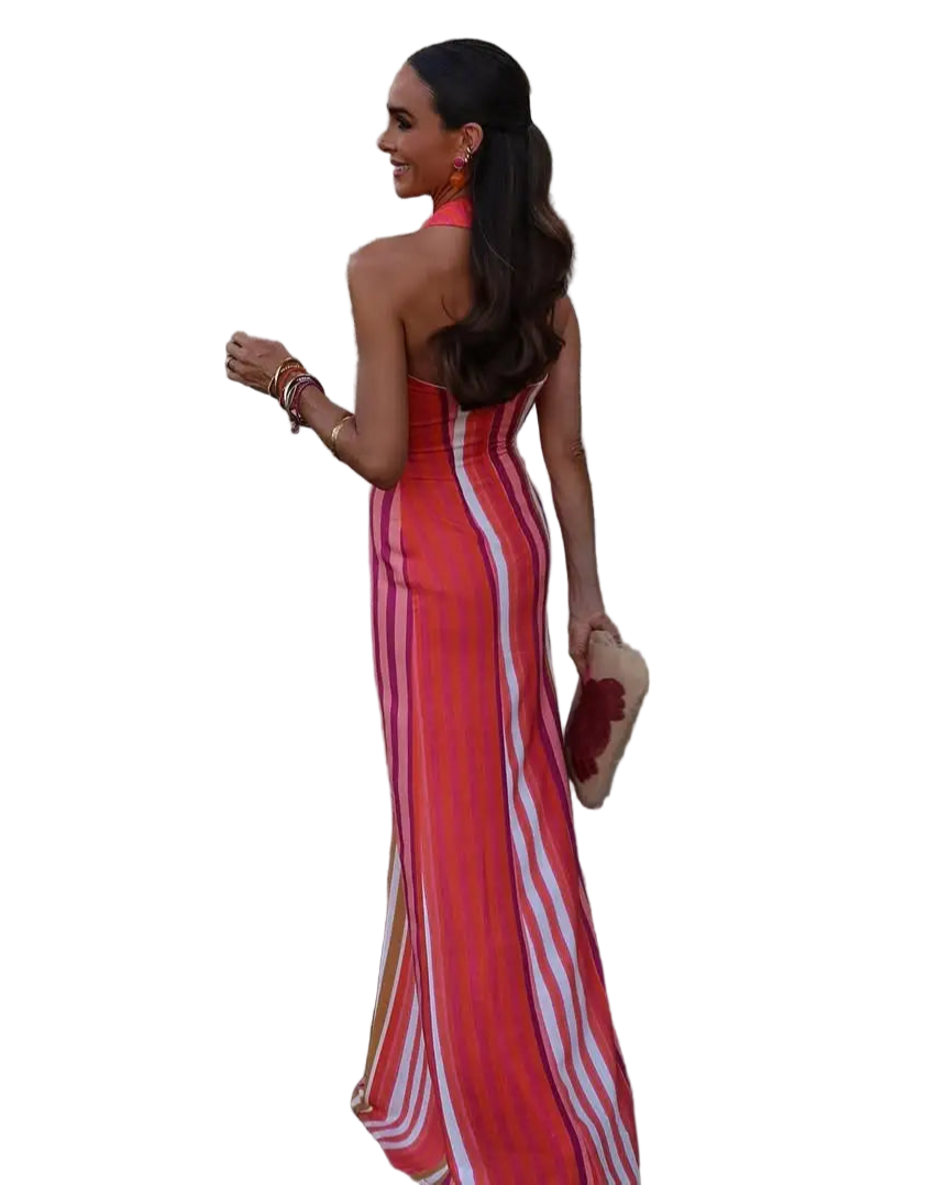 Vestido largo con estampado a rayas de escote halter sin hombros cruzado y ajustado de espalda descubierta
