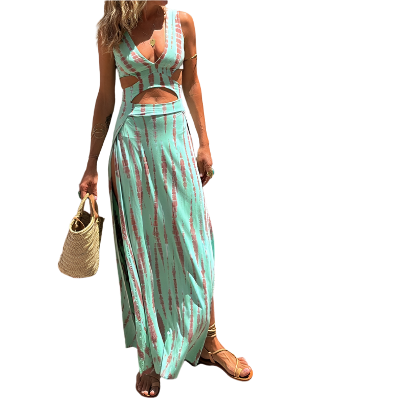 Vestido de verano con escote en V y estampado de corte entallado y abertura lateral de estilo casual