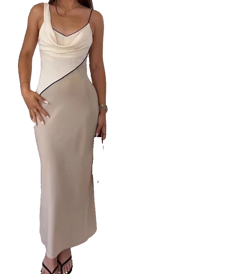 Vestido midi elegante sin mangas con tirantes de cuello drapeado de diseño patchwork