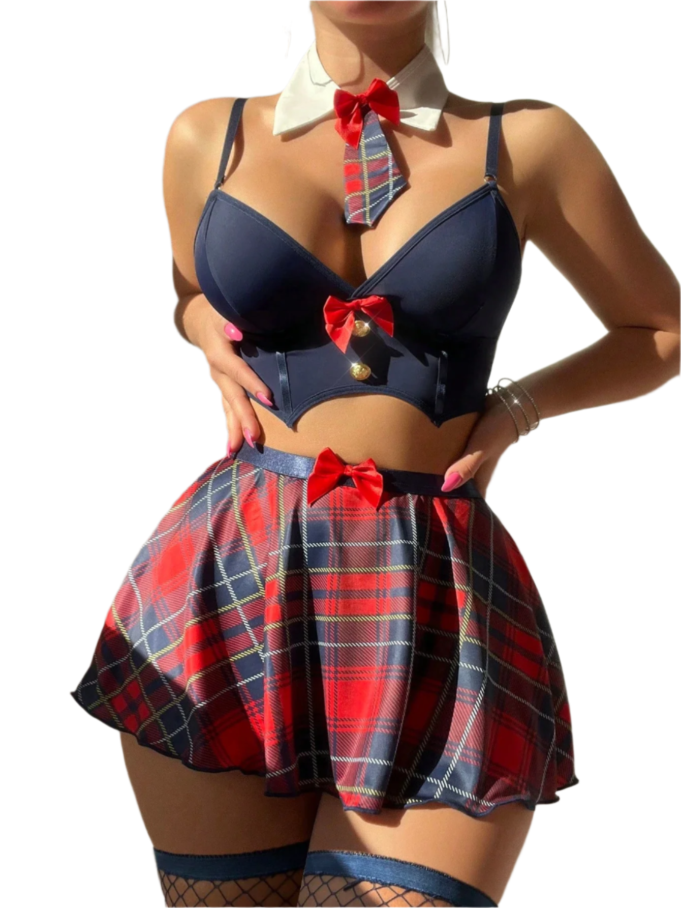 Women's Lingerie Set with Plaid Skirt and Accessories in a 6-piece Set