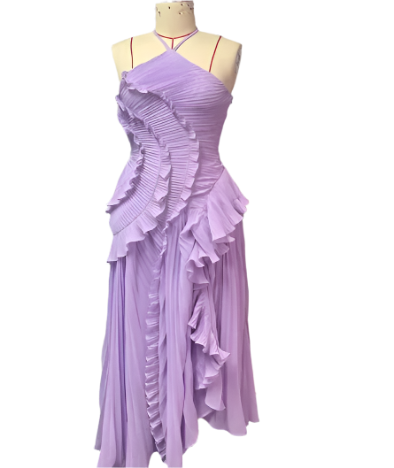 Vestido Largo Plisado para Mujer con Escote Halter Color Púrpura Tipo Maxi