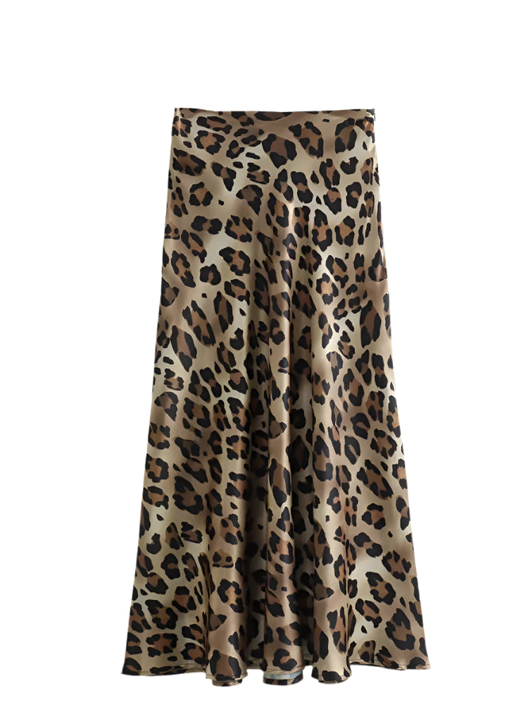 Falda Midi Vintage de Cintura Alta con Estampado de Leopardo