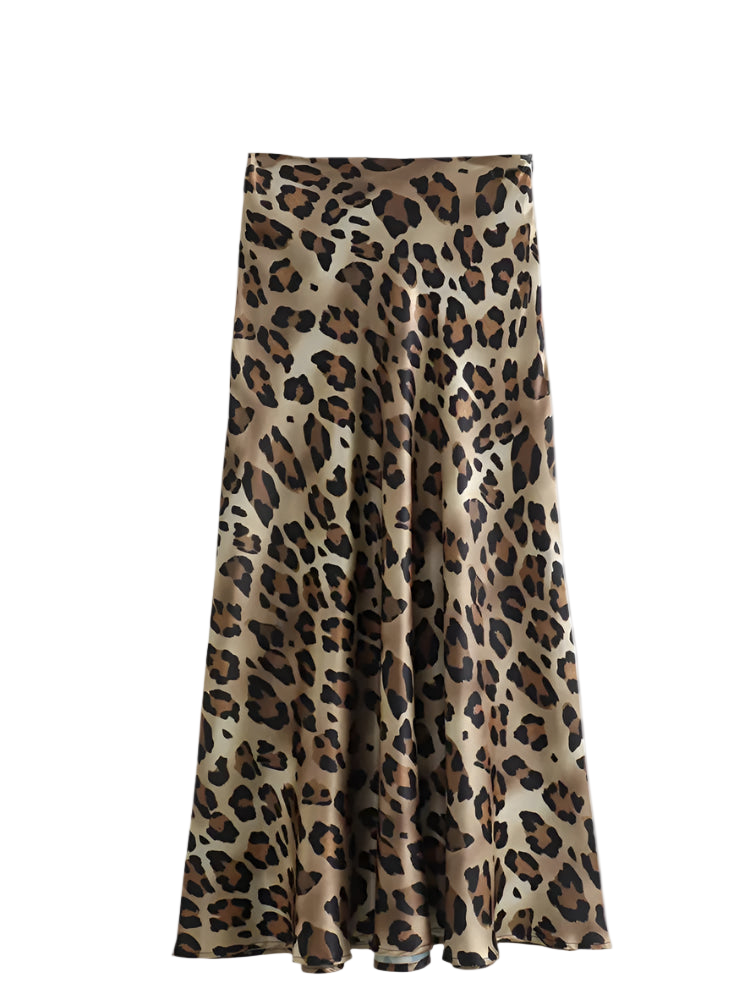 Falda Midi Vintage de Cintura Alta con Estampado de Leopardo