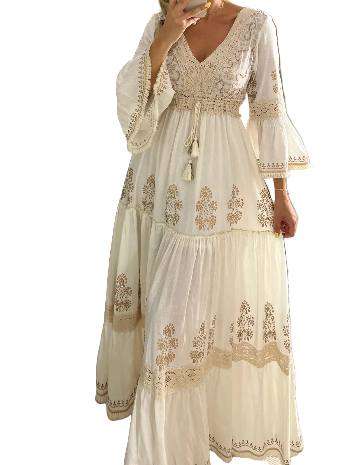 Vestido largo bohemio boho chic con encaje de diseño calado suelto