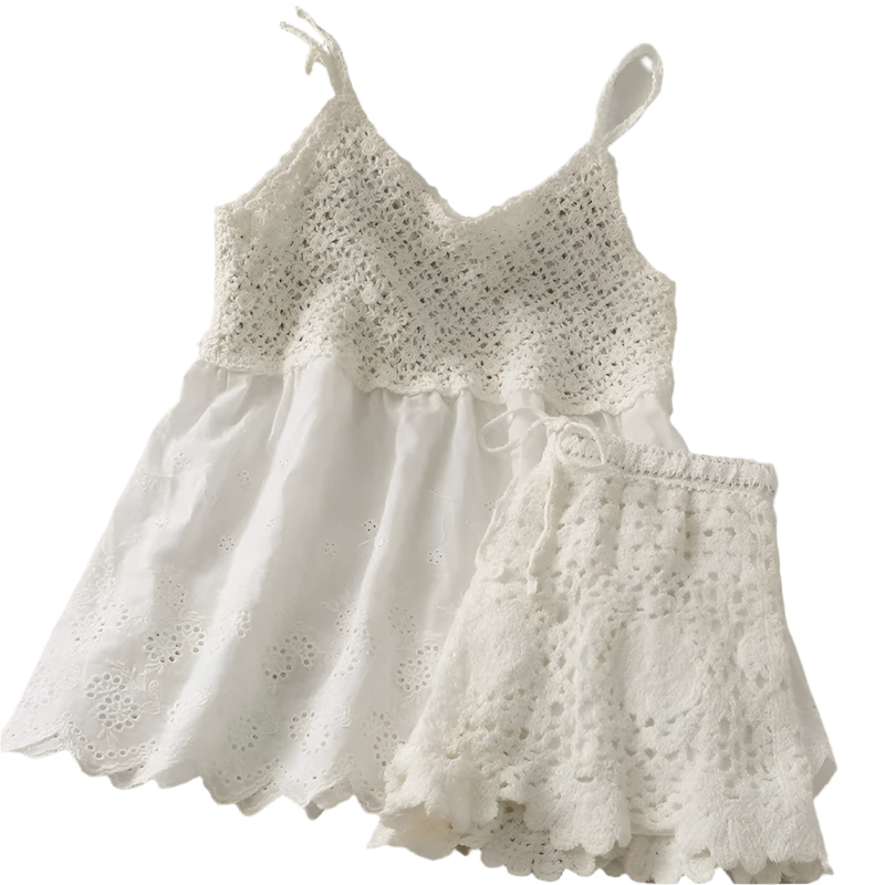 Conjunto de 2 piezas para mujer, top tejido tipo sujetador con tirantes y short de pierna ancha de estilo boho chic calado
