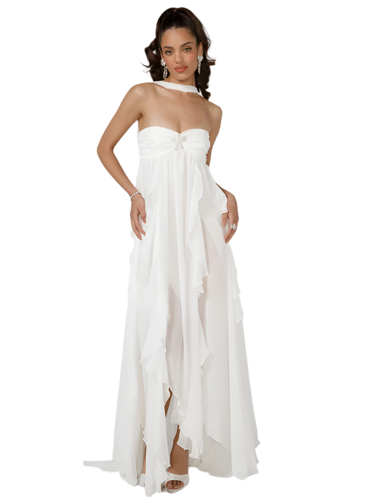 Vestido Blanco Asimétrico de Malla sin Tirantes con Volantes y Flecos