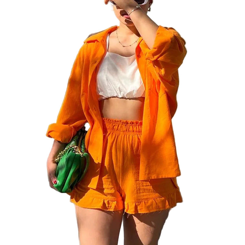 Outfit Conjunto de Camisa manga larga con solapa y short de tiro alto con cordón