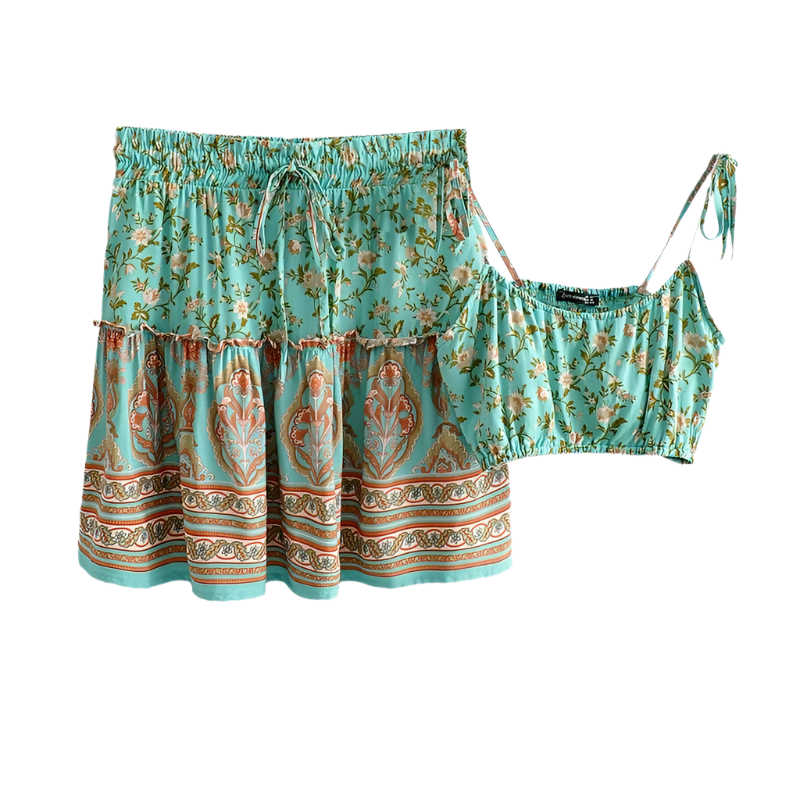 Outfit Conjunto Boho Chic de Top Verde sin Mangas con Estampado Floral y Falda Mini con Cintura Alta Elástica