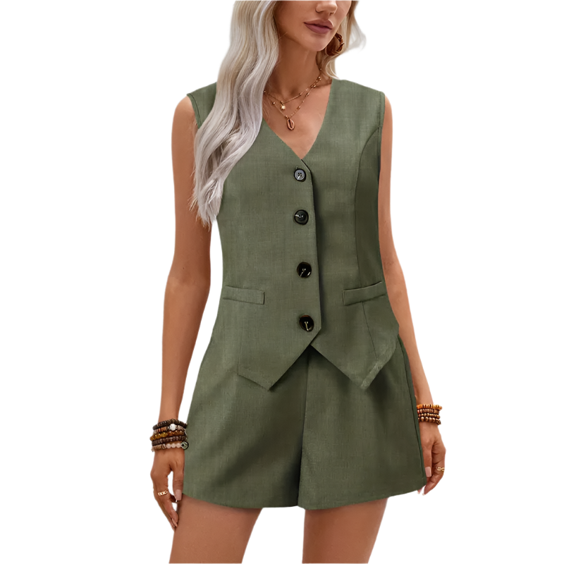 Outfit Conjunto Boho Chic de Chaleco sin Mangas y Short de Tiro Alto en Set de 2 Piezas Casual