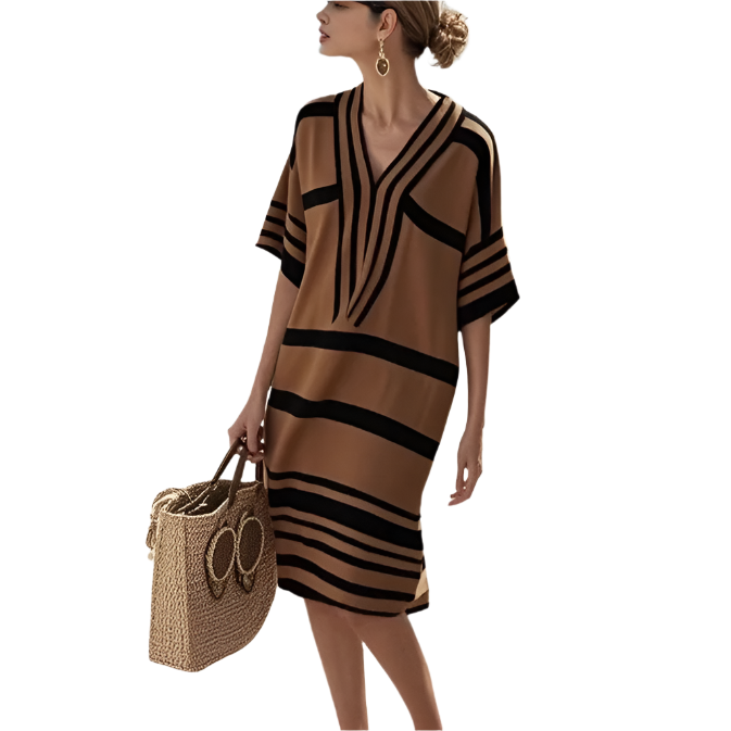 Vestido estampado de rayas con escote en V de Poliéster y Cintura relajada