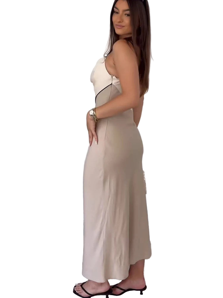 Vestido midi elegante sin mangas con tirantes de cuello drapeado de diseño patchwork