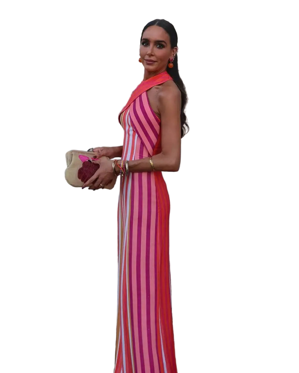Vestido largo con estampado a rayas de escote halter sin hombros cruzado y ajustado de espalda descubierta