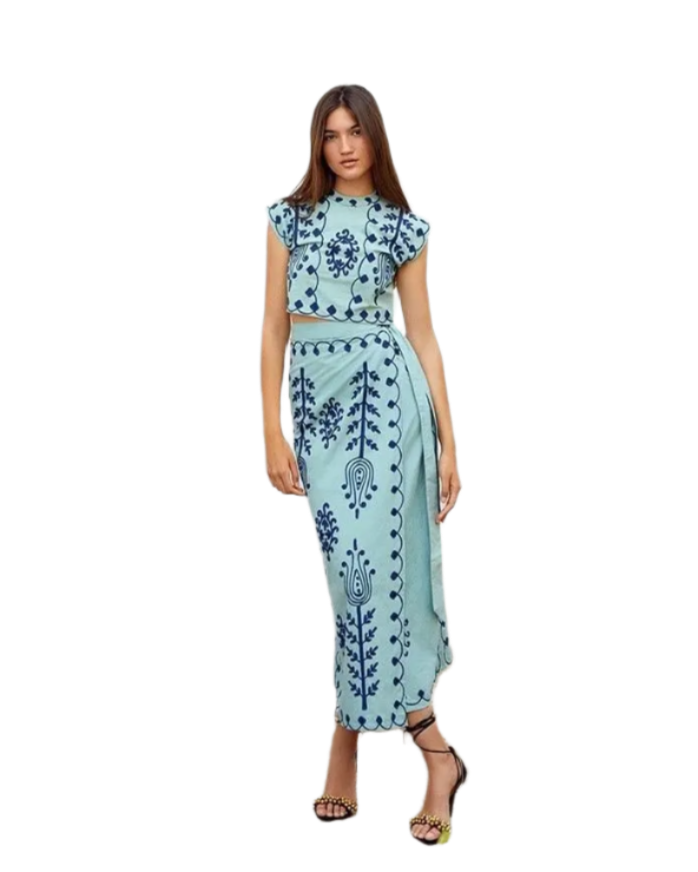 Outfit Conjunto bohemio vintage de 2 piezas con top corto bordado con hombreras y falda con cordones y estampado floral