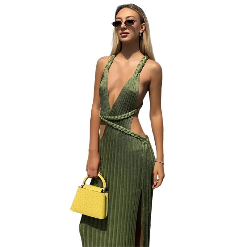 Vestido largo de playa tejido con escote en V y tirantes de cintura ajustada y abertura lateral Boho Chic