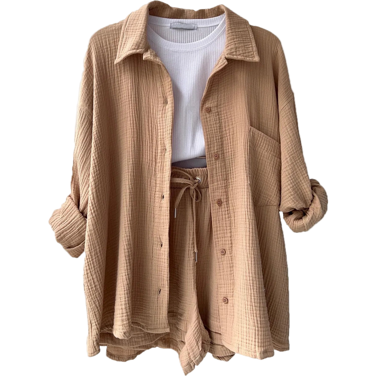 Outfit Conjunto de Camisa manga larga con solapa y short de tiro alto con cordón