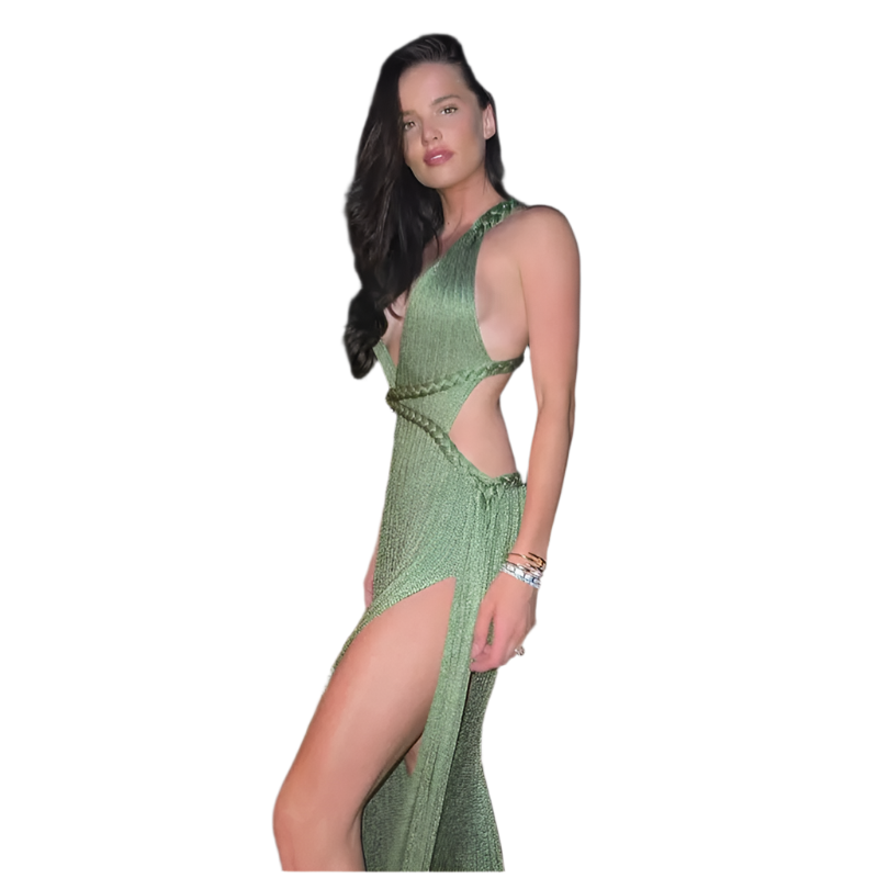Vestido largo de playa tejido con escote en V y tirantes de cintura ajustada y abertura lateral Boho Chic