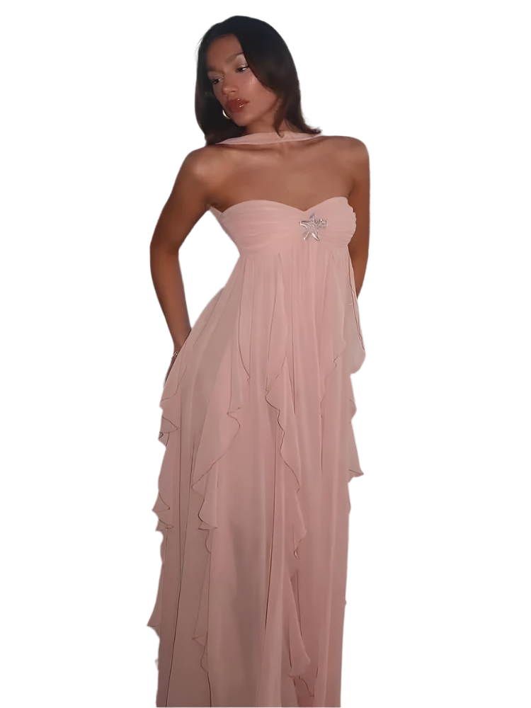 Vestido Blanco Asimétrico de Malla sin Tirantes con Volantes y Flecos
