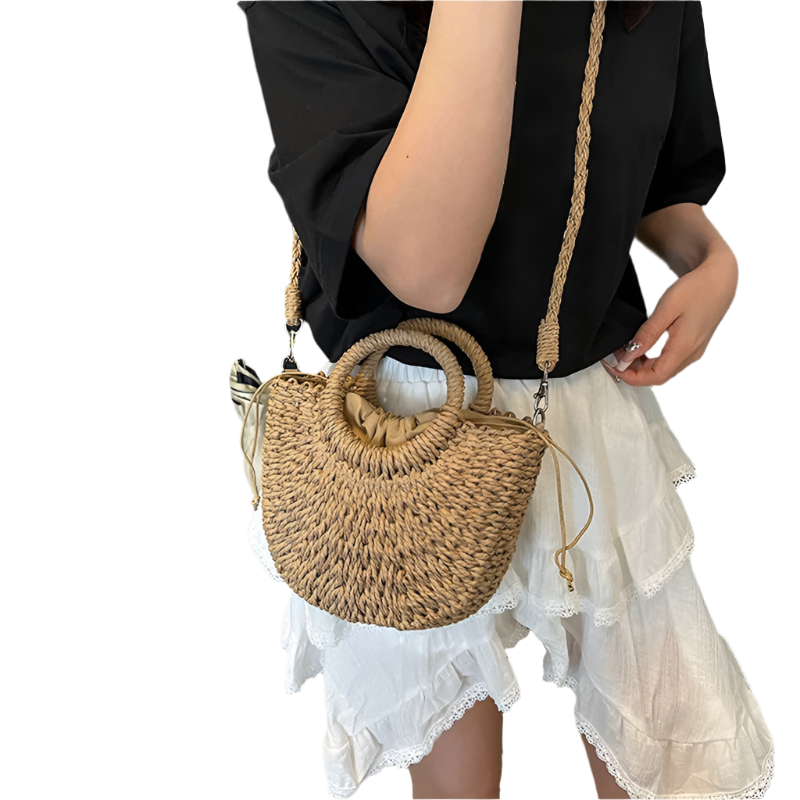Bolso de Playa de Rattán Hecho a Mano con Diseño Hueco de Estilo Bodycross y de Hombro
