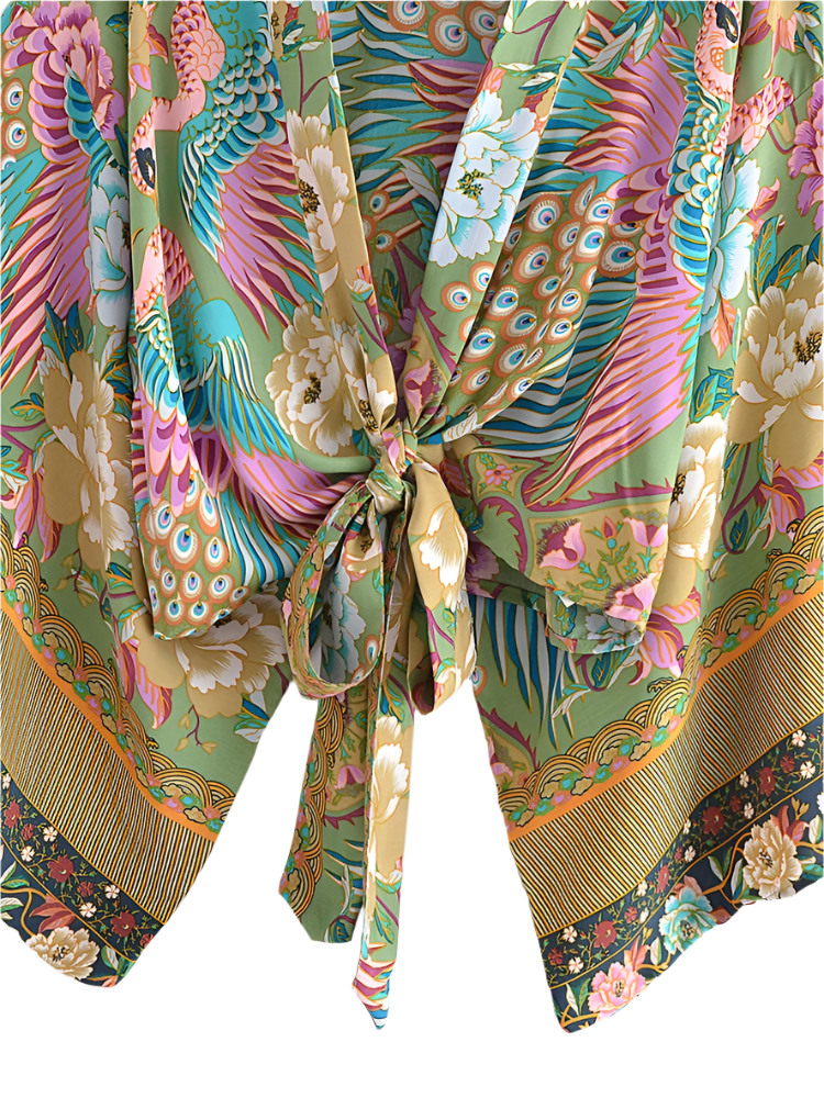 Outfit Conjunto boho chic de 2 piezas con kimono corto estampado floral y pantalón de pierna ancha