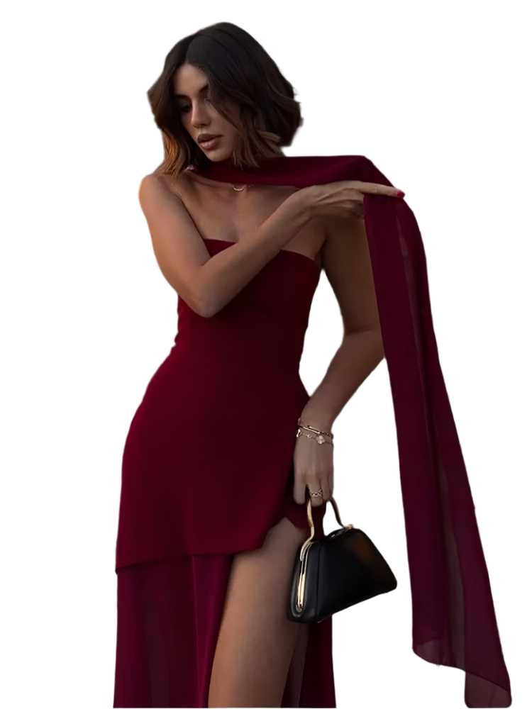 Vestido Largo Elegante para Mujer sin Tirantes de Malla con Lazo y Diseño Patchwork