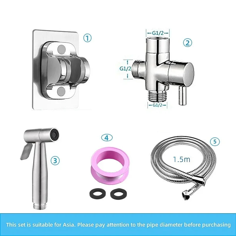 Handheld bidet sprayer made of stainless steel with a 3-way valve (G1/2" – 3/8") for toilet cleaning and personal hygiene.