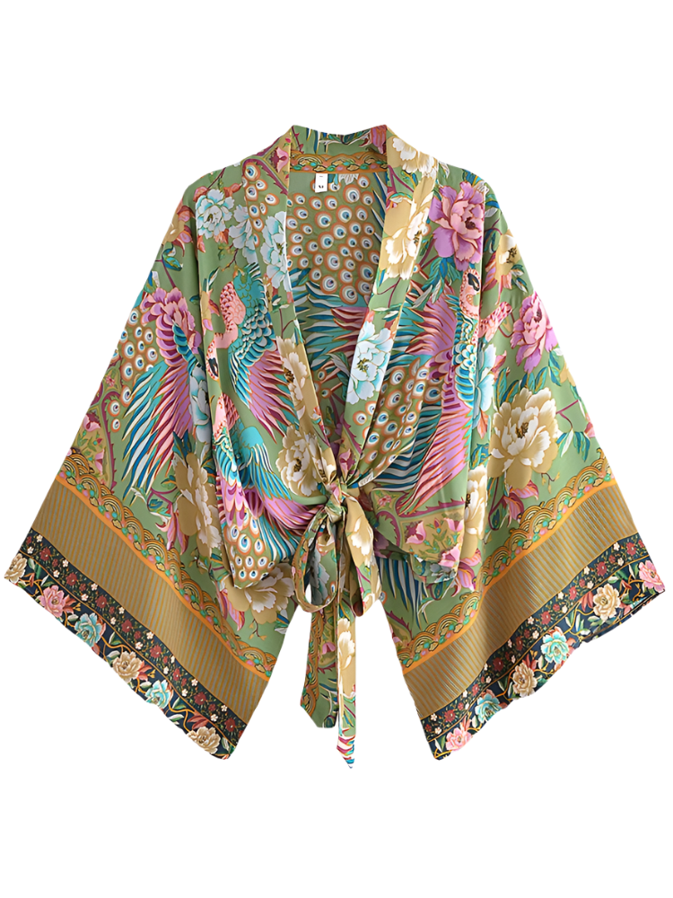Outfit Conjunto boho chic de 2 piezas con kimono corto estampado floral y pantalón de pierna ancha