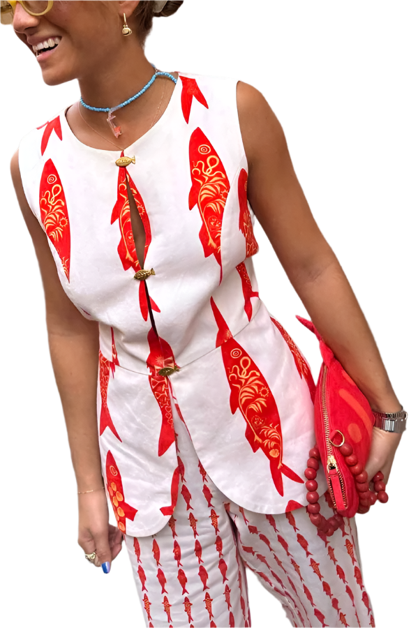 Outfit Conjunto de 2 piezas de camiseta sin mangas con estampado de pez rojo y cuello redondo con pantalón largo recto de pierna ancha