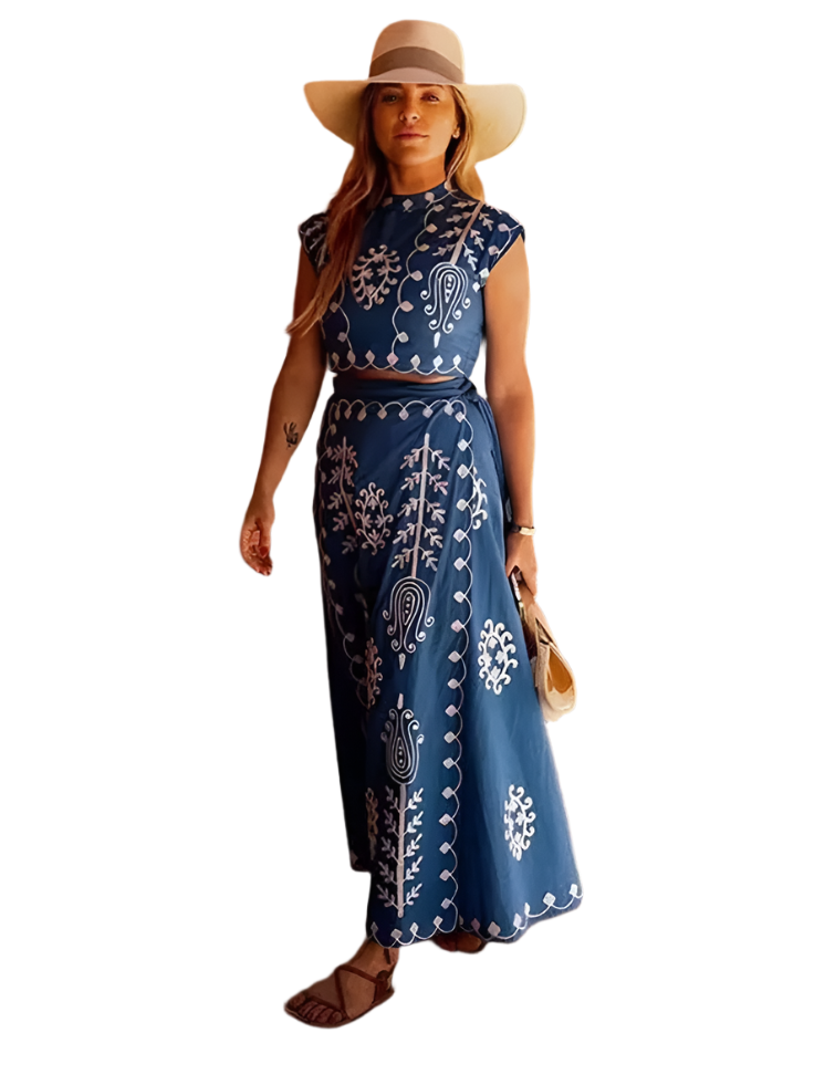 Outfit Conjunto bohemio vintage de 2 piezas con top corto bordado con hombreras y falda con cordones y estampado floral