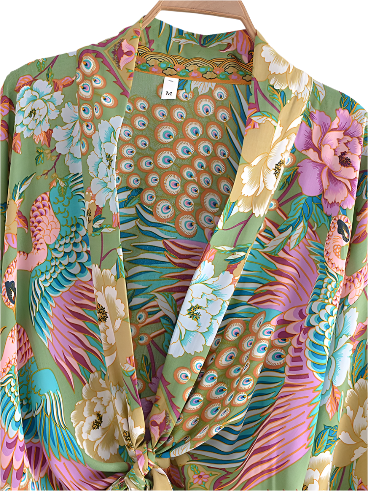 Outfit Conjunto boho chic de 2 piezas con kimono corto estampado floral y pantalón de pierna ancha