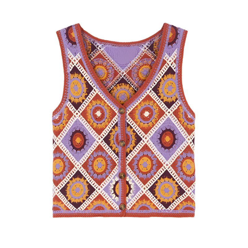 Conjunto bohemio para mujer de 2 piezas con top de tirantes en V y falda mini tejida de colores de talle alto