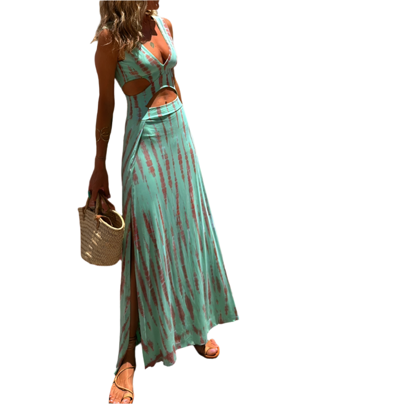 Vestido de verano con escote en V y estampado de corte entallado y abertura lateral de estilo casual