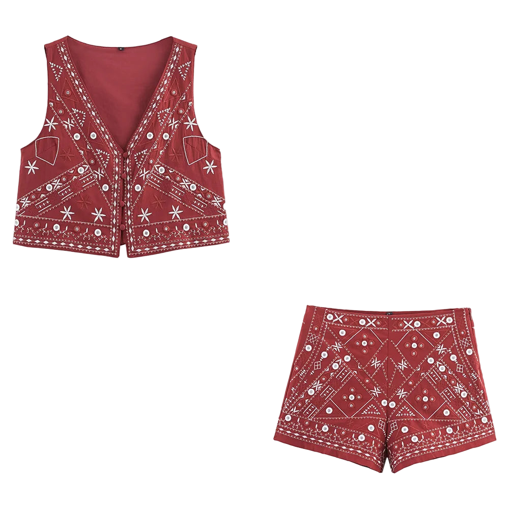 Outfit Conjunto Boho Chic de Chaleco Sin Mangas Rojo Bordado y Shorts Pierna Ancha