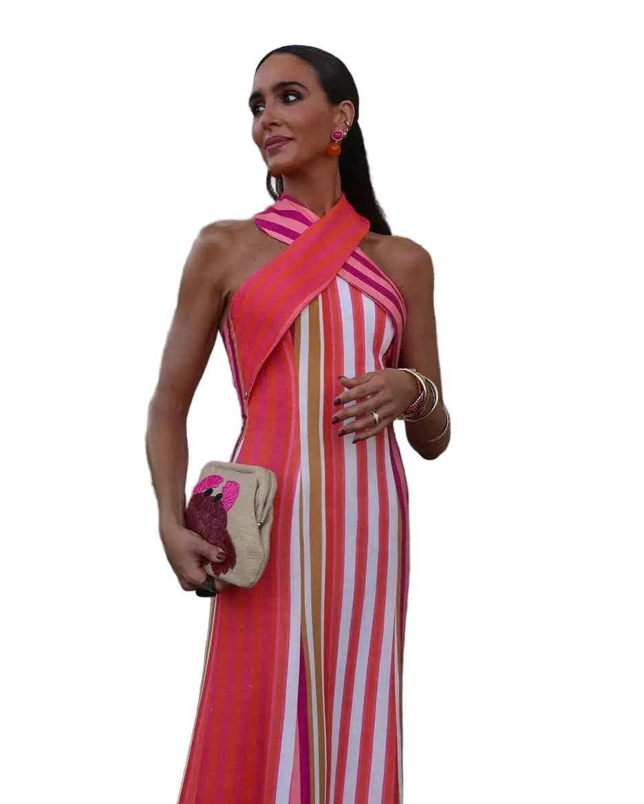 Vestido largo con estampado a rayas de escote halter sin hombros cruzado y ajustado de espalda descubierta