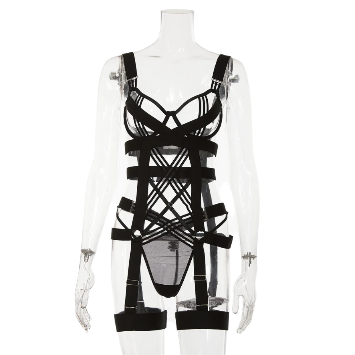 Conjunto Set de Lencería Coqueta 2 piezas con diseño de tiras de estilo jumpsuit ajustado en elástico